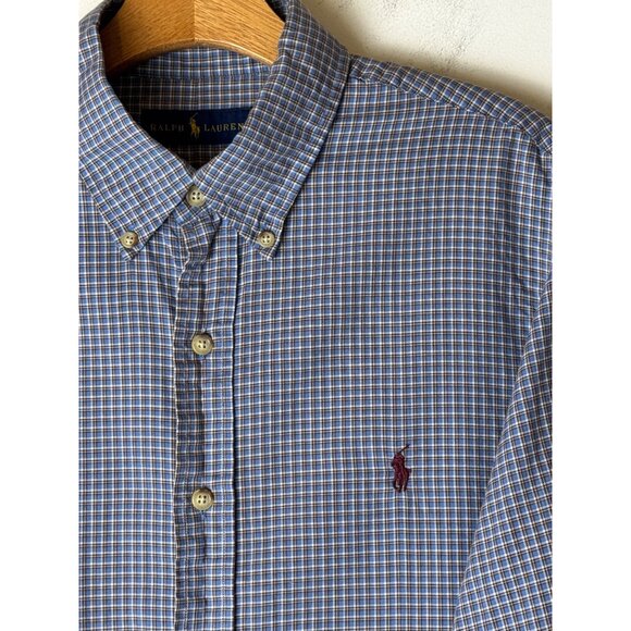 Ralph Lauren Shirt Men Large Blue White Checked Button Down Career Preppy - Picture 5 of 10